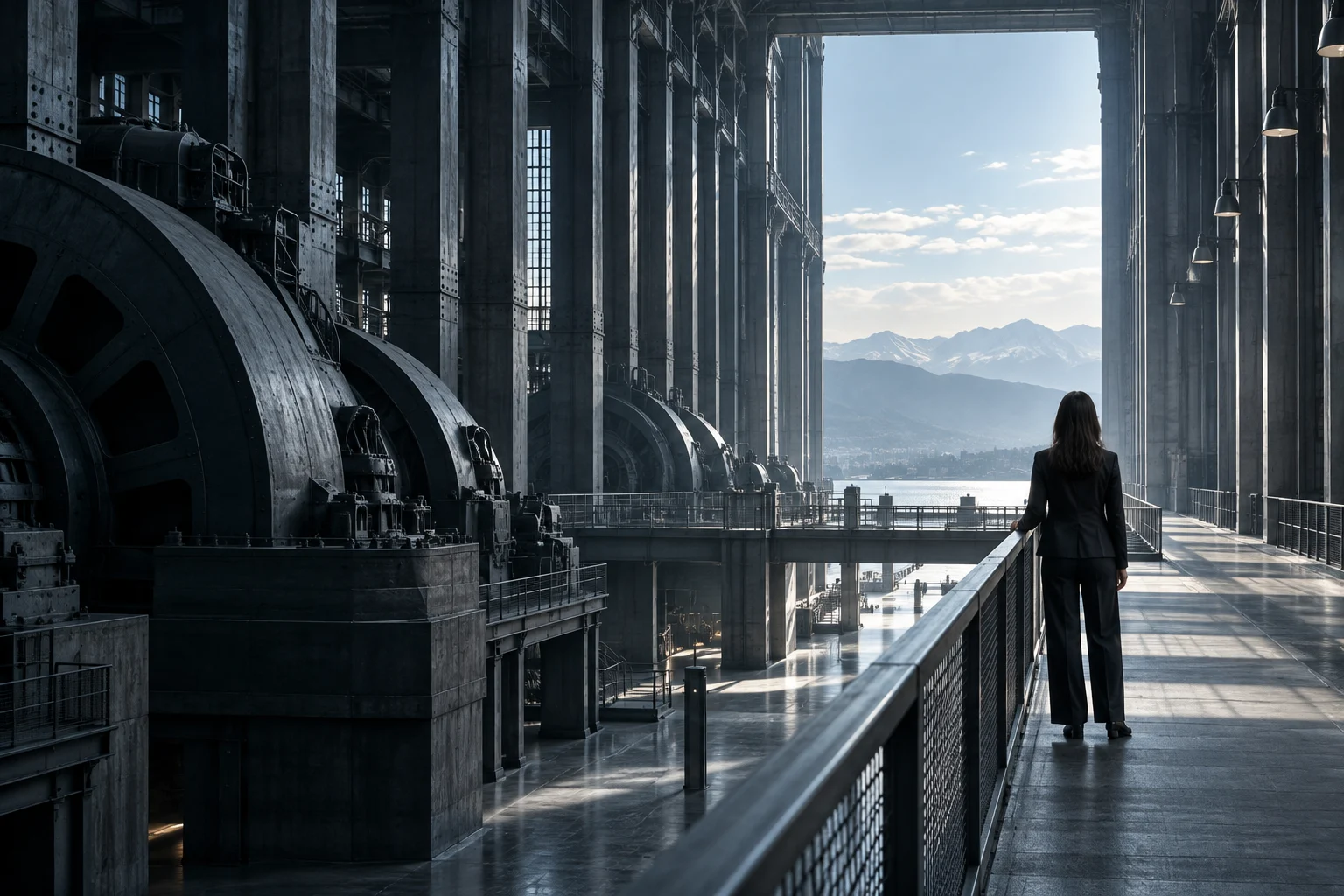 A person surveys the open horizon from an elevated walkway in a vast former turbine hall.